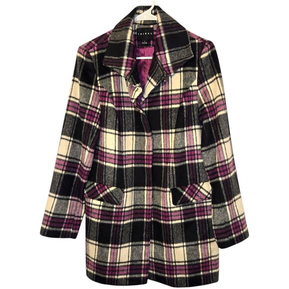 Tribal Plaid Wool Blend Pea Coat Sz 6 Purple Womens Button Up & Satin Lining New - Picture 1 of 15